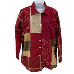 COLDWATER CREEK Red Patchwork Stretch Silk Button-Up Long Sleeve Lined Shirt M